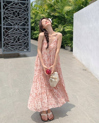 Floral Pink V Neck Summer Vacation Maxi Dress