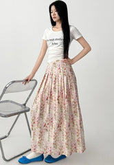 Floral Pleated A Line Maxi Skirt