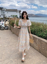 Floral Vacation Puff Sleeve Waist Slimming Dress