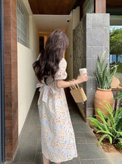 Floral Vacation Puff Sleeve Waist Slimming Dress