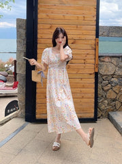 Floral Vacation Puff Sleeve Waist Slimming Dress