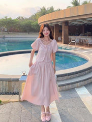 French Chic Puff Sleeve Top And Skirt Set