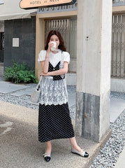 French Lace Patchwork Short Sleeve Blouse Polka Dot Skirt Set