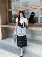 French Lace Patchwork Short Sleeve Blouse Polka Dot Skirt Set