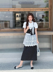 French Lace Patchwork Short Sleeve Blouse Polka Dot Skirt Set