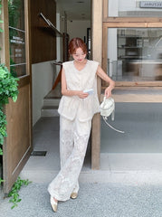 French Lace Vest And Wide Leg Pants Set