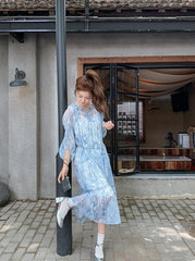 French Light Blue Chiffon Floral Tea Dress