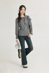 Green French Style Plaid Long Sleeve Top