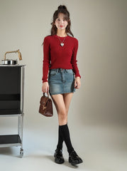 Red Plain French Style Long Sleeve Sweater