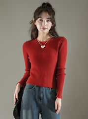 Red Plain French Style Long Sleeve Sweater