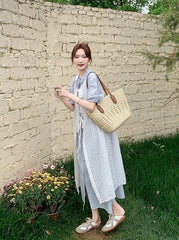 French Style Hollow Out Tie Waist Dress Set