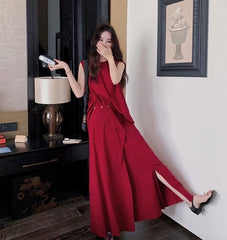 French Style Irregular Vest And Split Skirt Set