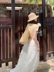 French Style Mesh Panel Skirt And Hollow Top Set