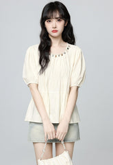 French Style Puff Sleeve Ruched Short Sleeve Blouse
