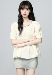 French Style Puff Sleeve Ruched Short Sleeve Blouse