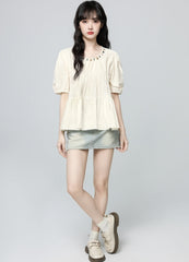 French Style Puff Sleeve Ruched Short Sleeve Blouse