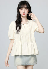 French Style Puff Sleeve Ruched Short Sleeve Blouse