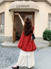 French Style Red Floral Dress And Wide Leg Pants Set