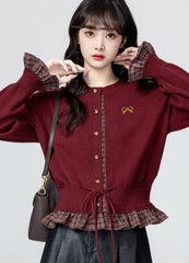 French Style Red Knit Tie Waist Cardigan Sweater
