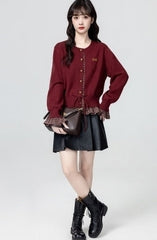 French Style Red Knit Tie Waist Cardigan Sweater
