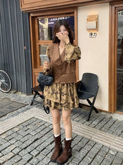 Vintage Printed Waist Cinching Dress Vest Set
