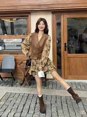 Vintage Printed Waist Cinching Dress Vest Set