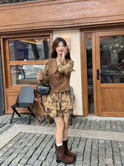 Vintage Printed Waist Cinching Dress Vest Set