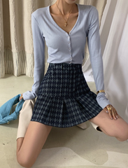 Blue Argyle Pleated Denim Skirt