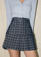 Blue Argyle Pleated Denim Skirt