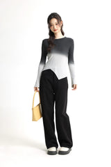 Black Gradient Color Round Neck Knit Sweater