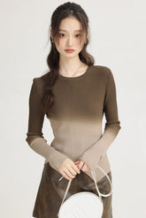 Brown Gradient Knit Sweater With Irregular Hem