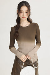 Brown Gradient Knit Sweater With Irregular Hem