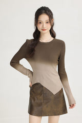 Brown Gradient Knit Sweater With Irregular Hem