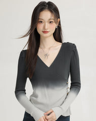 Gradient V-Neck Long Sleeve Knitwear