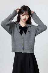Gray Bow Knit Cardigan Sweater