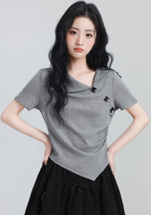 Gray Bow Short Sleeve Irregular Collar Slim Top