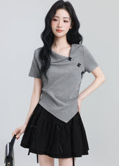 Gray Bow Short Sleeve Irregular Collar Slim Top