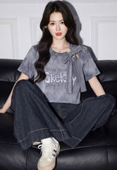 Gray Bow Tie Dye Letter Print T Shirt