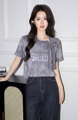 Gray Bow Tie Dye Letter Print T Shirt
