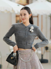 Grey Classic Button Crop Knit Cardigan