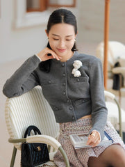 Grey Classic Button Crop Knit Cardigan