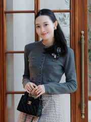 Grey Classic Button Crop Knit Cardigan
