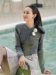 Grey Classic Button Crop Knit Cardigan