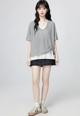 Gray Colorblock V Neck Drawstring Knit Short Sleeve Top