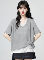 Gray Colorblock V Neck Drawstring Knit Short Sleeve Top