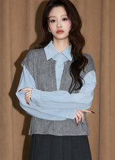 Gray Contrast Collar Layered Long Sleeve Shirt