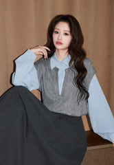 Gray Contrast Collar Layered Long Sleeve Shirt