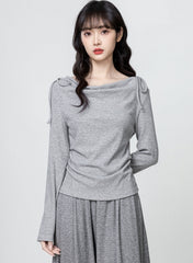 Gray Draped Neck Tie Long Sleeve Slim Fit Top