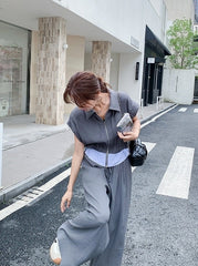 Gray Drawstring Wide Leg Pants Short Sleeve Set