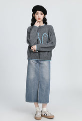 Gray Jacquard Knit Pullover Sweater